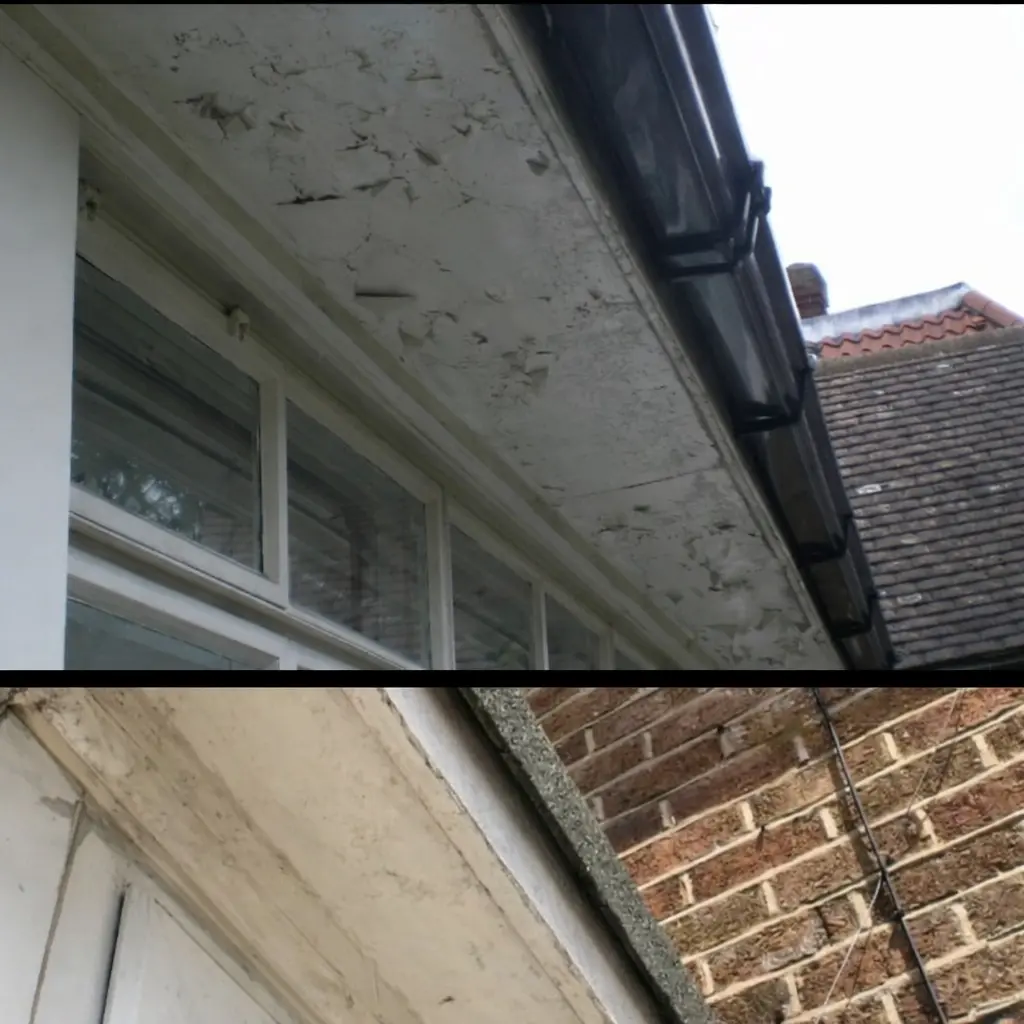 Asbestos insulation board soffit prepared for controlled removal